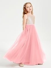 Sequined Top Long Tulle Junior Bridesmaid Gown Flamingo