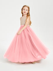 Sequined Top Long Tulle Junior Bridesmaid Gown Flamingo