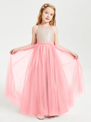 Sequined Top Long Tulle Junior Bridesmaid Gown Flamingo