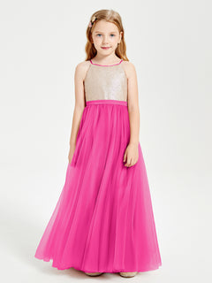 Sequined Top Long Tulle Junior Bridesmaid Gown Fuchsia