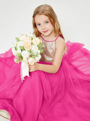 Sequined Top Long Tulle Junior Bridesmaid Gown Fuchsia