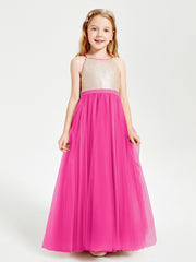 Sequined Top Long Tulle Junior Bridesmaid Gown Fuchsia