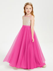 Sequined Top Long Tulle Junior Bridesmaid Gown Fuchsia