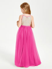 Sequined Top Long Tulle Junior Bridesmaid Gown Fuchsia
