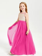 Sequined Top Long Tulle Junior Bridesmaid Gown Fuchsia