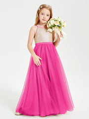 Sequined Top Long Tulle Junior Bridesmaid Gown Fuchsia