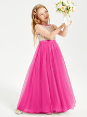 Sequined Top Long Tulle Junior Bridesmaid Gown Fuchsia