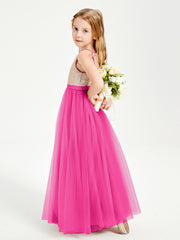 Sequined Top Long Tulle Junior Bridesmaid Gown Fuchsia