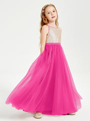 Sequined Top Long Tulle Junior Bridesmaid Gown Fuchsia
