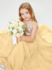 Sequined Top Long Tulle Junior Bridesmaid Gown Gold