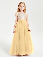 Sequined Top Long Tulle Junior Bridesmaid Gown Gold