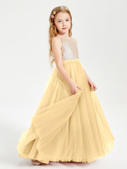 Sequined Top Long Tulle Junior Bridesmaid Gown Gold
