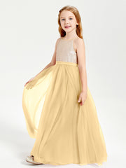 Sequined Top Long Tulle Junior Bridesmaid Gown Gold