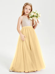 Sequined Top Long Tulle Junior Bridesmaid Gown Gold