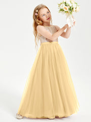 Sequined Top Long Tulle Junior Bridesmaid Gown Gold