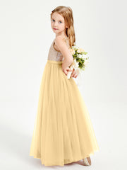 Sequined Top Long Tulle Junior Bridesmaid Gown Gold