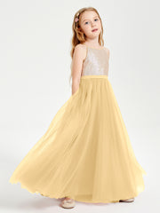 Sequined Top Long Tulle Junior Bridesmaid Gown Gold