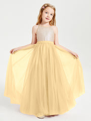 Sequined Top Long Tulle Junior Bridesmaid Gown Gold