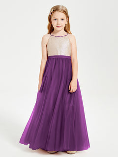 Sequined Top Long Tulle Junior Bridesmaid Gown Grape