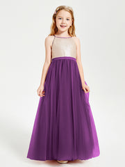 Sequined Top Long Tulle Junior Bridesmaid Gown Grape