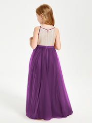 Sequined Top Long Tulle Junior Bridesmaid Gown Grape