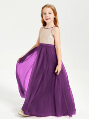 Sequined Top Long Tulle Junior Bridesmaid Gown Grape