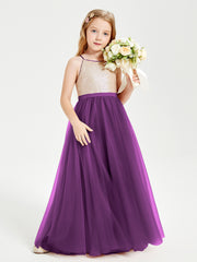 Sequined Top Long Tulle Junior Bridesmaid Gown Grape