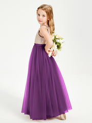 Sequined Top Long Tulle Junior Bridesmaid Gown Grape