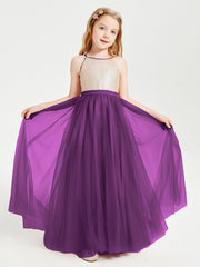 Sequined Top Long Tulle Junior Bridesmaid Gown Grape