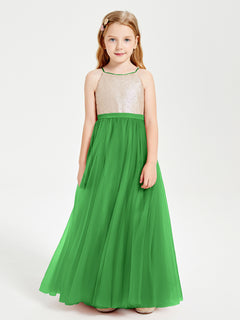 Sequined Top Long Tulle Junior Bridesmaid Gown Green