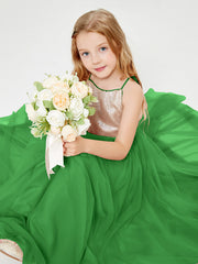 Sequined Top Long Tulle Junior Bridesmaid Gown Green