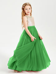 Sequined Top Long Tulle Junior Bridesmaid Gown Green