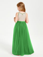 Sequined Top Long Tulle Junior Bridesmaid Gown Green