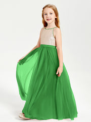Sequined Top Long Tulle Junior Bridesmaid Gown Green