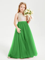 Sequined Top Long Tulle Junior Bridesmaid Gown Green