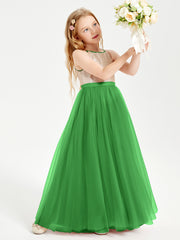 Sequined Top Long Tulle Junior Bridesmaid Gown Green