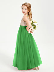 Sequined Top Long Tulle Junior Bridesmaid Gown Green