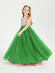 Sequined Top Long Tulle Junior Bridesmaid Gown Green