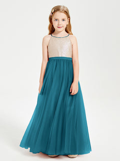 Sequined Top Long Tulle Junior Bridesmaid Gown Ink Blue