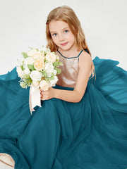Sequined Top Long Tulle Junior Bridesmaid Gown Ink Blue