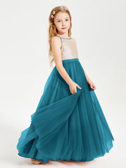 Sequined Top Long Tulle Junior Bridesmaid Gown Ink Blue