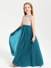 Sequined Top Long Tulle Junior Bridesmaid Gown Ink Blue