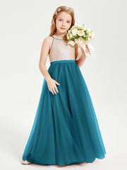 Sequined Top Long Tulle Junior Bridesmaid Gown Ink Blue