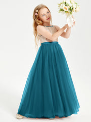Sequined Top Long Tulle Junior Bridesmaid Gown Ink Blue