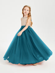 Sequined Top Long Tulle Junior Bridesmaid Gown Ink Blue