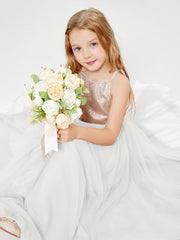 Sequined Top Long Tulle Junior Bridesmaid Gown Ivory