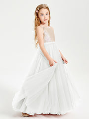 Sequined Top Long Tulle Junior Bridesmaid Gown Ivory