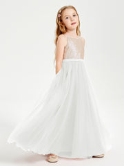Sequined Top Long Tulle Junior Bridesmaid Gown Ivory