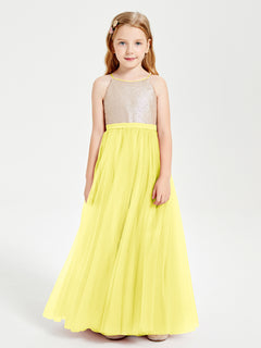 Sequined Top Long Tulle Junior Bridesmaid Gown Lemon