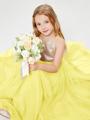 Sequined Top Long Tulle Junior Bridesmaid Gown Lemon
